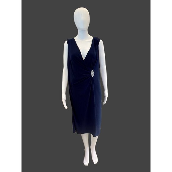 R&M Richards Womens Navy Blue Dress With Rhinestone Detail & Sheer Sleeves Style - Picture 5 of 10
